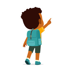 African American Boy Student with Backpack Pointing Upwards with Curiosity Back View Full Body Illustration