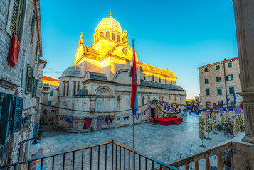 Historic square with the stone Cathedral of Saint James in the old town of Sibenik, beautiful Dalmatian architecture, Croatia.