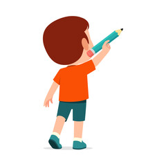Cute young boy viewed from back actively drawing with a large blue pencil feeling creative and happy