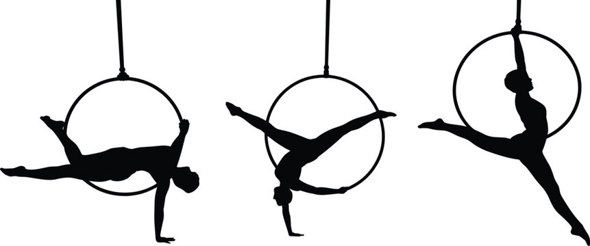 Aerial hoop gymnast silhouettes performing acrobatic circus poses, aerial dance fitness isolated vector illustration collection