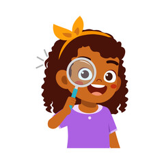 Happy curious Black girl looking through magnifying glass smiling broadly wearing a purple shirt