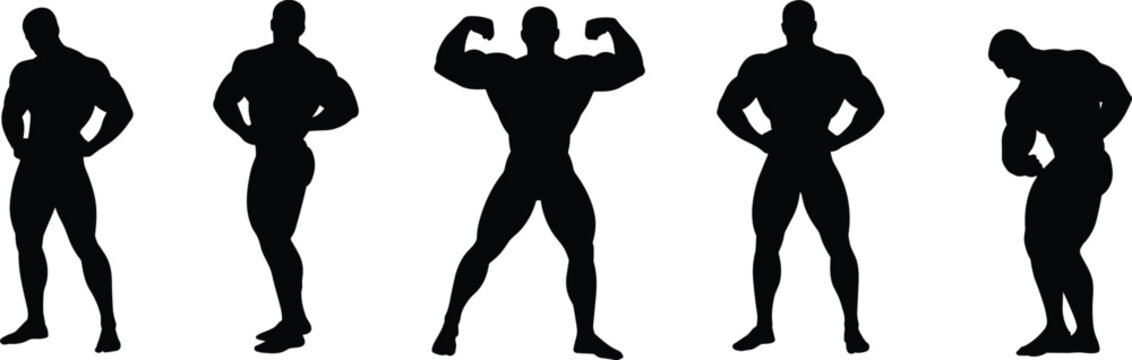 Collection of muscular male bodybuilder silhouettes posing isolated on white background