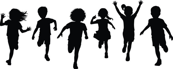 Group of joyful children silhouettes running and jumping isolated on white background