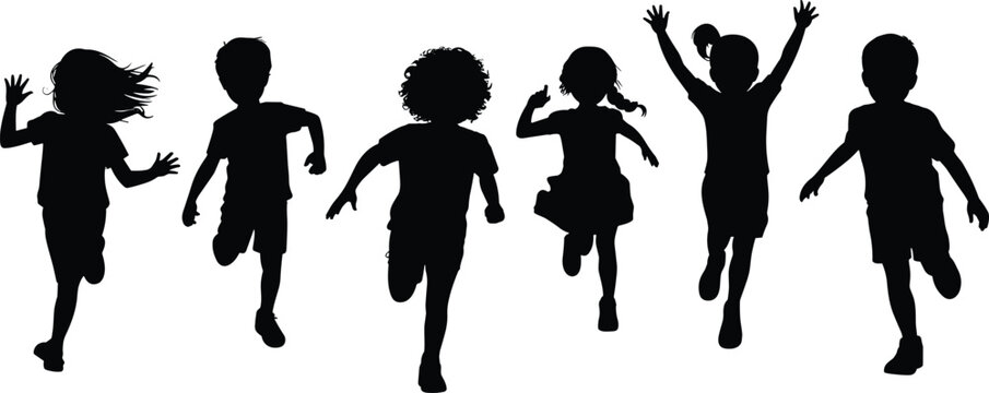 Group of joyful children silhouettes running and jumping isolated on white background