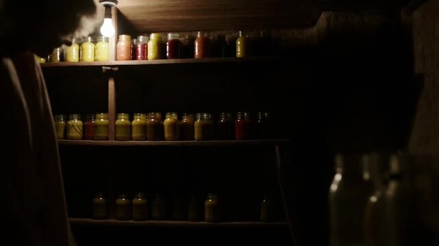 Descending into an old cool basement, with rows of preserved jars, contrasting with the heat above, concept of nostalgic summer preservation