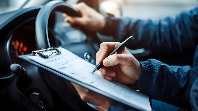 Person holding a car steering wheel during a driving test while instructor writes notes on clipboard, inside a modern car, natural lighting, shallow depth of field, lifestyle stock photo