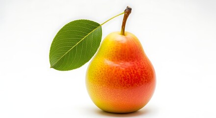 Fresh yellow red pear with green leaf on white background  healthy food