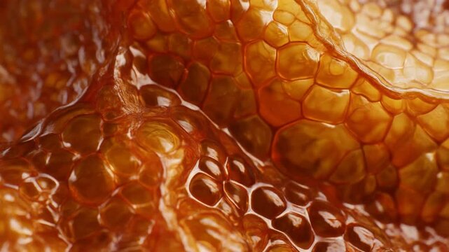 Close-up shows golden, cell-like structures with glossy surfaces, in honey-brown tones
