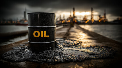 Crude Oil Spill in industrial landscape: A dramatic image shows a oil barrel labeled OIL, with crude oil spill in a harbor landscape, evoking themes of industrial impact.