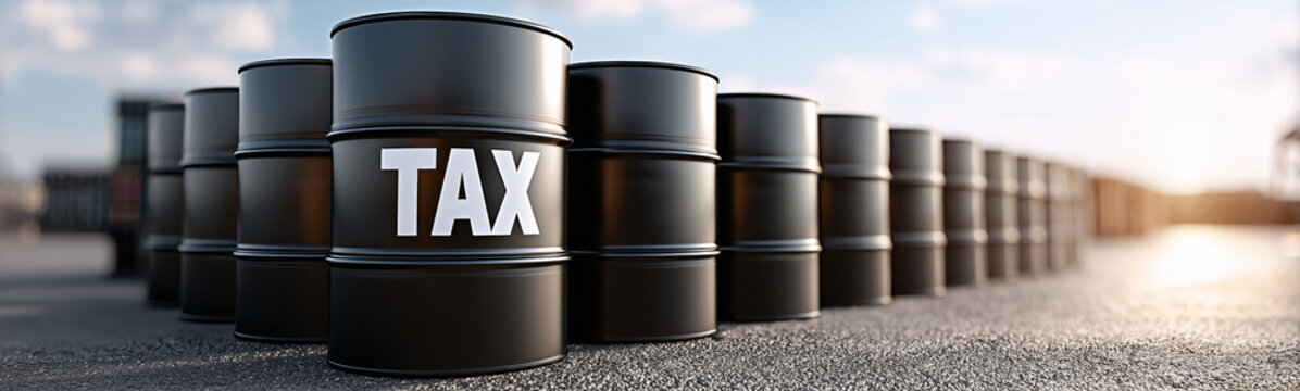 Oil Tax Barrels: A visual representation of oil tax with a line of black barrels with the word TAX emblazoned across one, hinting at the financial implications within the energy industry.