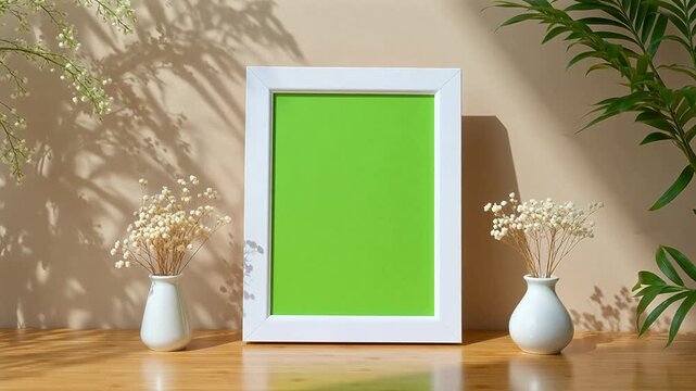 White frame with green screen on wooden table