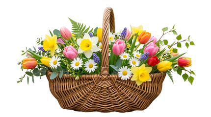 Obraz premium Spring Flower Basket with Tulips and Daffodils Isolated on Transparent Background