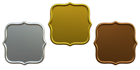 Fototapeta premium 3D metallic decorative gold silver and bronze ranking frames on transparent background - Plates