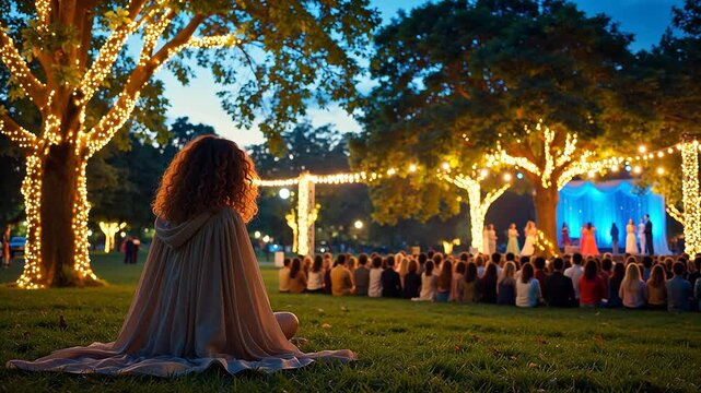 Woman watching outdoor performance at night