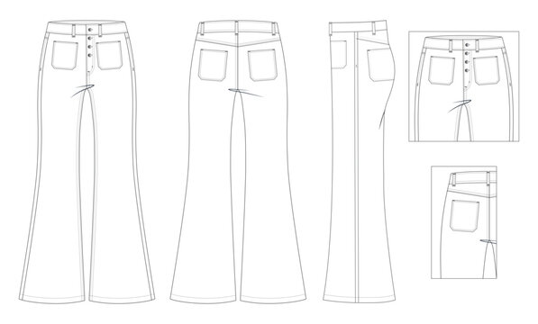 High-Waisted Bootcut Pants CAD Sketch Professional Fashion Template with Visible Button Fly, Square Front Pockets, and Back Yoke Details