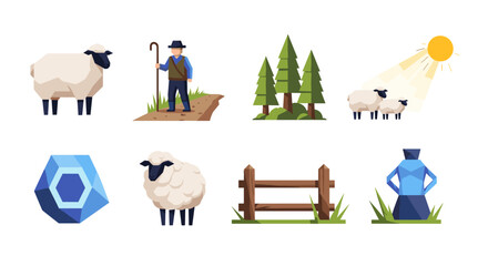 Naklejka premium Geometric farm life: shepherd, sheep, and nature in minimalist design