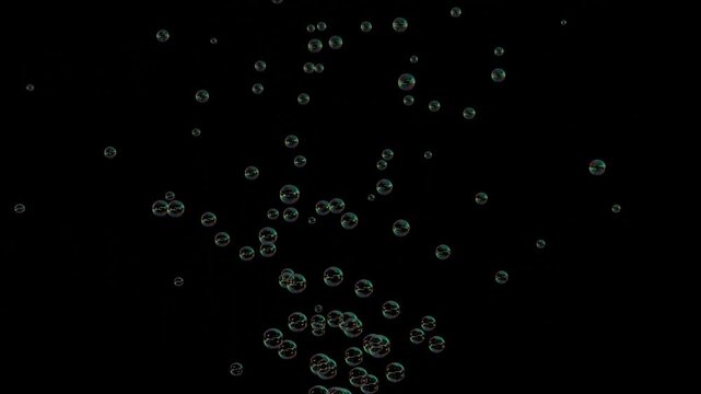 Water bubbles rising up and exploding overlay black background. soap water bubbles Loopable with alpha matte. Underwater bubbles animation. 