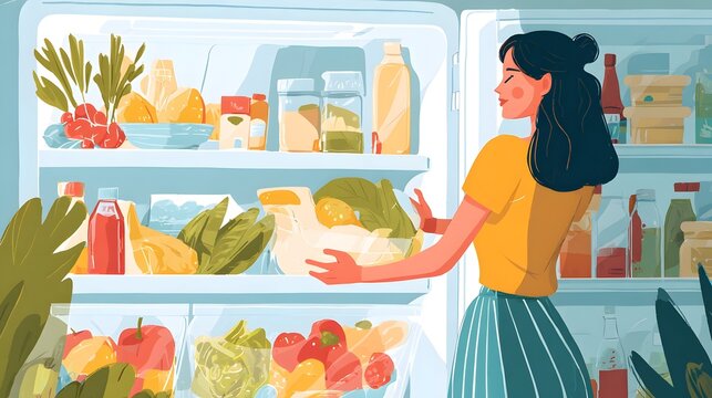Person organizing groceries inside refrigerator shelves, healthy food storage concept.