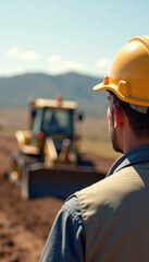 Construction worker observing bulldozer on site in countryside. Construction worker wearing yellow hard hat stands with focus on bulldozer working in agricultural field.