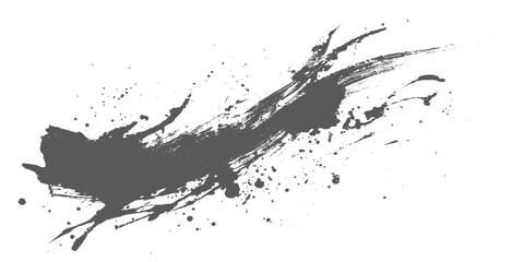 Black grunge ink brush stroke with splatter vector droplets on a white background, abstract paint smear, rough artistic texture, minimalist monochrome design. 