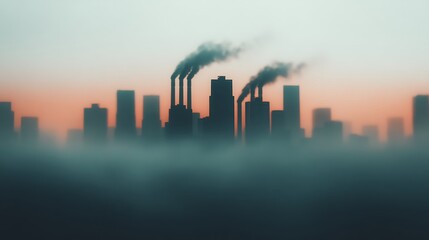 Fototapeta premium A city skyline at dusk with industrial buildings emitting thick smoke, enveloped in a dense layer of fog or smog.