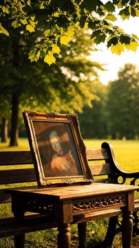 Mona Lisa painting on wooden bench.