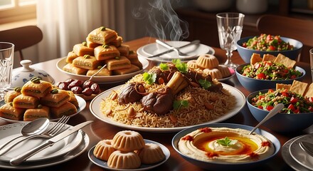 Obraz premium a delicious middle eastern feast with steaming lamb mandi baklava and fresh salads on a dining table ideal for culinary blogs or festive celebrations.