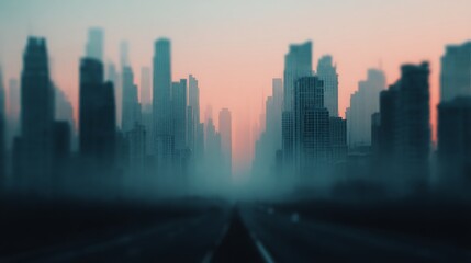 Obraz premium A foggy city skyline at dawn with tall skyscrapers partially obscured by mist, creating a mysterious and calm urban atmosphere.