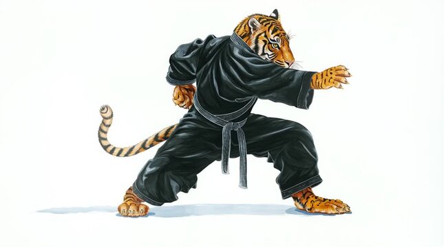 Panning shot of anthropomorphic tiger in black gi performing martial arts kata with punches and stepping in studio dojo on white background