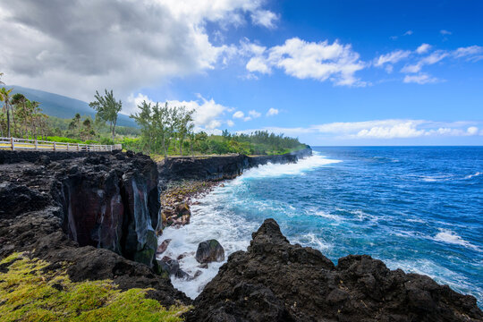 Waves on the Volcanic Coast of Cap Mechant at Reunion Island