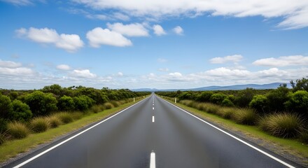 Long straight road with clear blue sky surrounded by lush green grass and trees long road highway