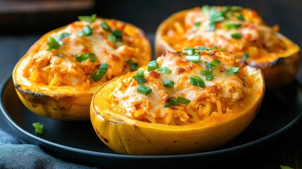 Baked spaghetti squash halves topped with melted cheese