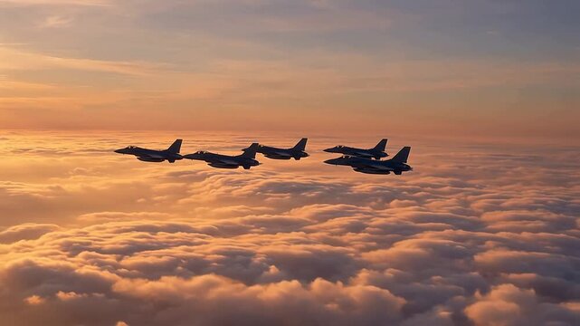 Fighter jets flying in formation above clouds