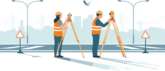 Naklejka premium Land surveyors working with theodolite tripod measuring road construction site, civil engineering surveying infrastructure planning fieldwork illustration