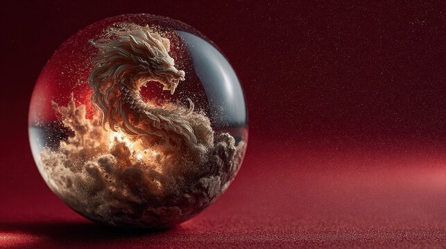 Ethereal dragon materializing in fiery crystal orb on crimson background