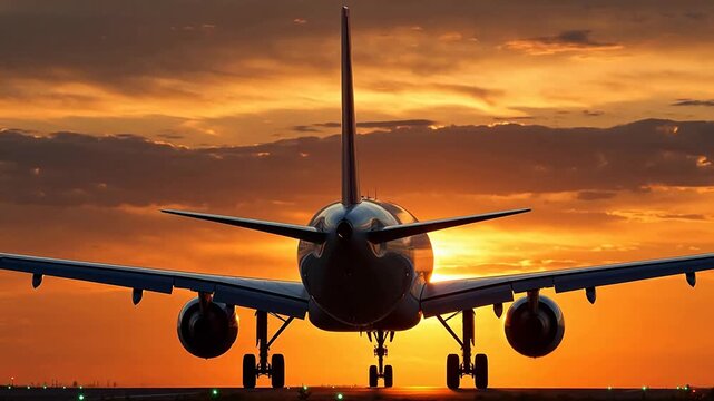 Airplane on runway at sunset