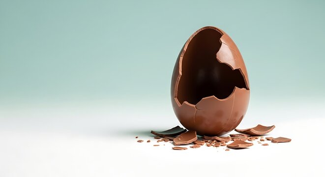 Broken chocolate easter egg on white background isolated