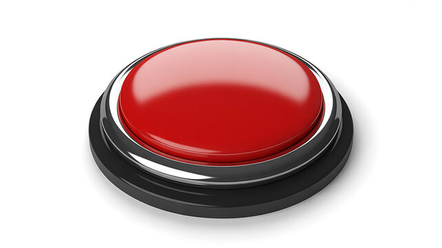 A detailed 3D rendering of a large, circular, glossy red push button with a sleek metallic base, standing prominently on a clean white background, ready for immediate interaction or activation