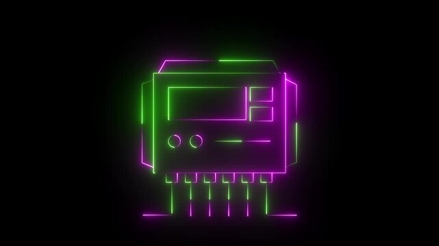 Neon glowing pink and green color Solar charge controller icon animation. 4k motion graphics