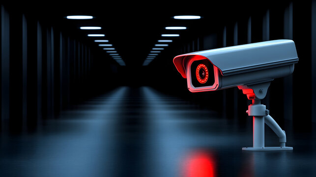 Modern security camera in dark corridor with red glow