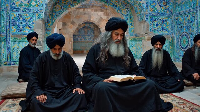 Men in black robes reading book