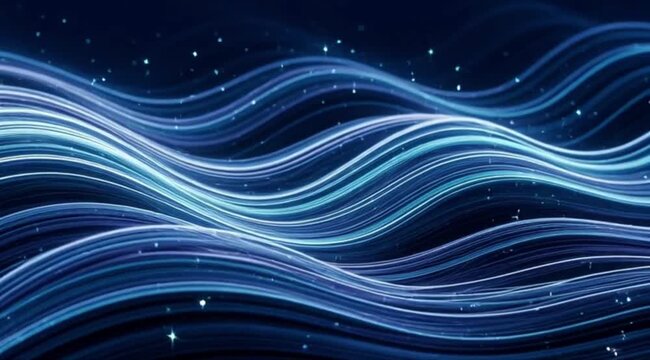A dark blue digital wallpaper featuring an abstract wave pattern with glowing light curves and vector line art textures creates a dynamic motion design element for a modern backdrop