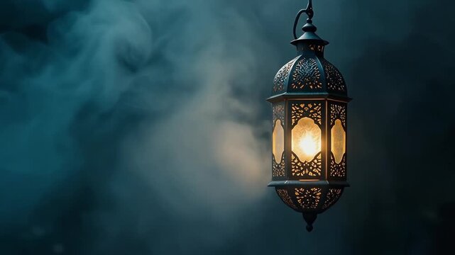 Ornate metal lantern with intricate patterns glowing softly in misty darkness.
