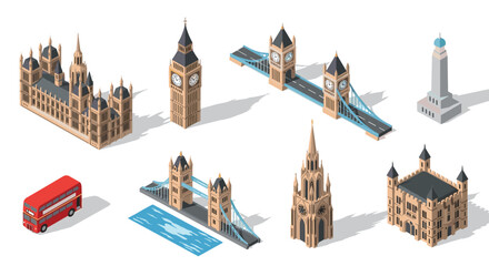 Iconic london landmarks collection in isometric style featuring historic architecture and landmarks