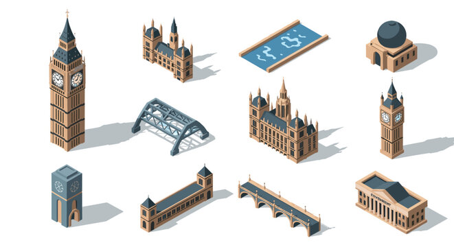 Isometric landmarks of london: iconic architectural wonders in 3d