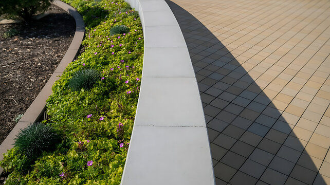 Lush green ground cover and small plants thrive within a contemporary curved concrete planter.