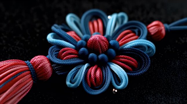 A close-up view presents a handmade, ornamental floral arrangement. The piece is composed of coiled cord in red, blue, and teal. It features a tassel