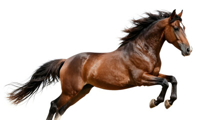 Obraz premium Majestic brown horse in mid-air leap, captured with flowing mane and tail against white background