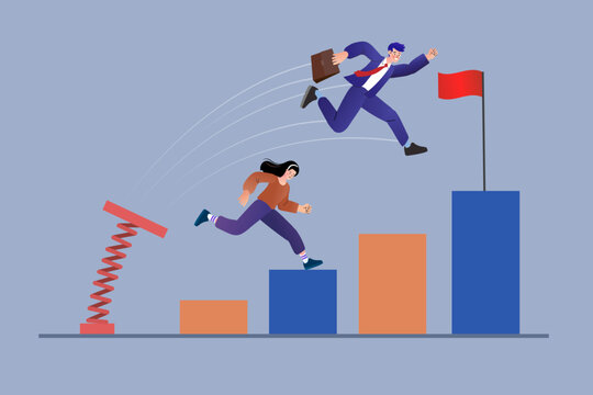 Businessman using spring to jump over bar graph toward goal flag while colleague climbing. Professional vector for business shortcut rapid growth competitive advantage and success strategy concept.