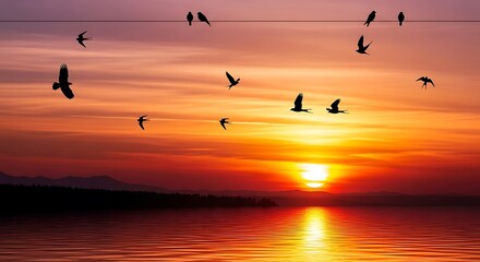 Obraz premium Sunset over water with flying birds.